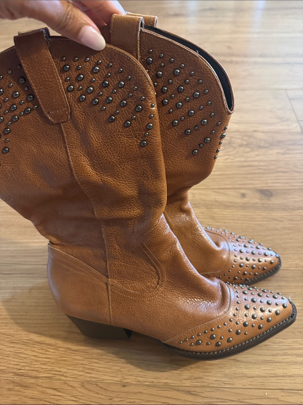 Studded Tan Western Cowboy Boots - Women's Leather